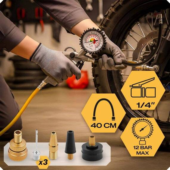 Trusa de scule pneumatice cu 18 piese pentru compresor, cablu flexibil de 40 cm, cablu spiralat de 5 m, pistol de vopsit 600 ml, pistol de intretinere 1 l, manometru - 7- Roveli