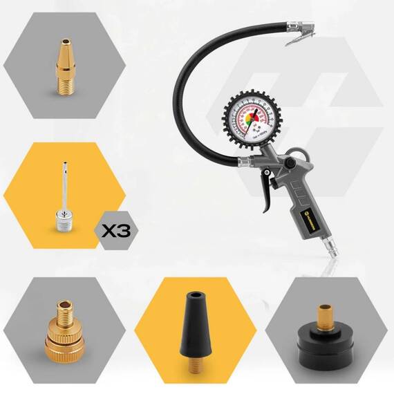 Trusa de scule pneumatice cu 18 piese pentru compresor, cablu flexibil de 40 cm, cablu spiralat de 5 m, pistol de vopsit 600 ml, pistol de intretinere 1 l, manometru - 10- Roveli