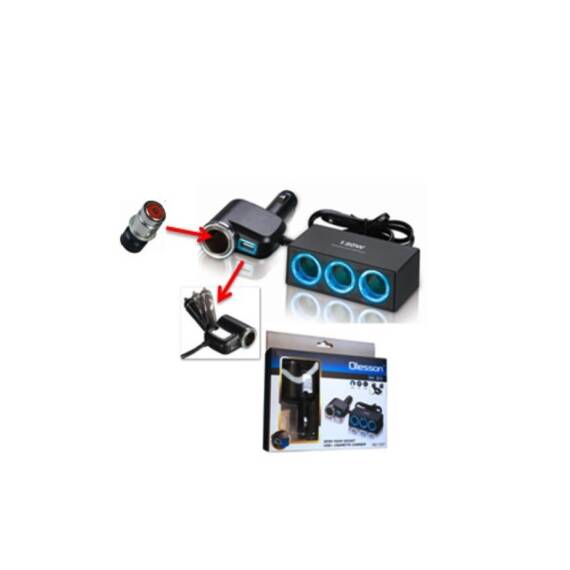 Prelungitor priza bricheta auto 4 iesiri si port USB Cod: 1527 - 2- Roveli