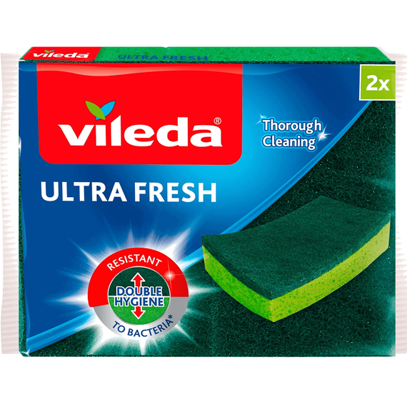 Burete vase Vileda Ultra Fresh, spuma poliuretanica si fibra abraziva, antibacterian, curatare eficienta, set 2 buc, verde - - Roveli