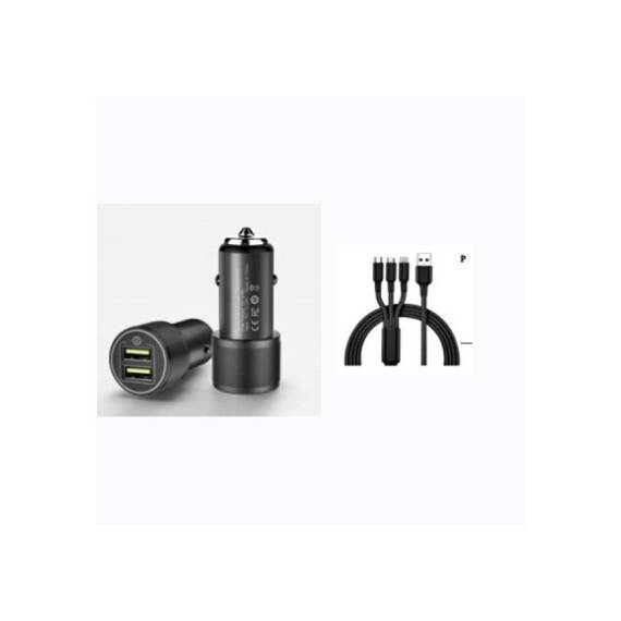 Incarcator auto 4.8A 25W cu 2 porturi USB fast si cablu 3 in 1 MicroUSB Lightning Type C compatibil 12V 24V Cod: PG-283 - - Roveli