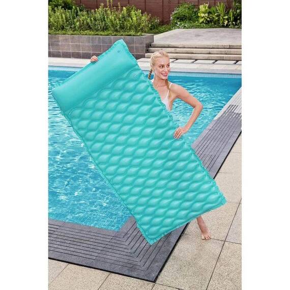 Saltea Gonflabila Plaja Bestway, 213x86 cm, PVC, Tetiera Gonflabila, Rulabila, Capacitate Maxima 90 kg, Petec Reparatie Inclus, Varsta 14+, Turcoaz - 9- Roveli