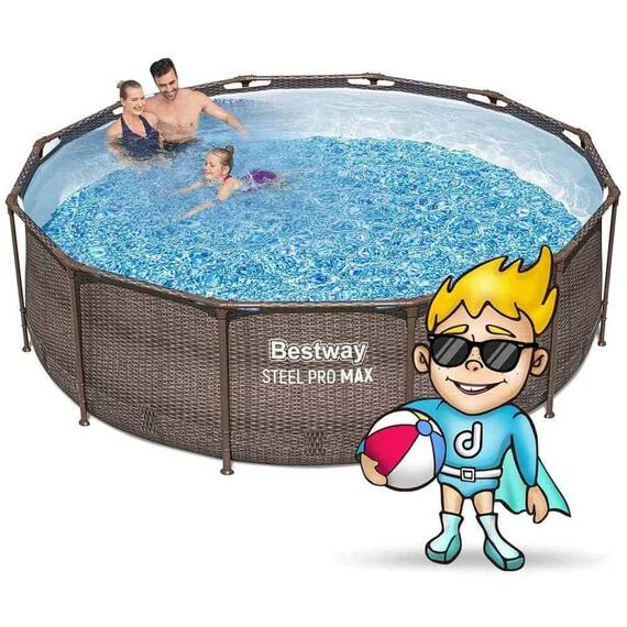 Piscina Supraterana cu Cadru Metalic Bestway, Rotunda, 366x100 cm, 9150 l, Pompa Filtrare 2006 l/h 29 W, Scara Inclusa, Design Ratan, Maro - 2- Roveli