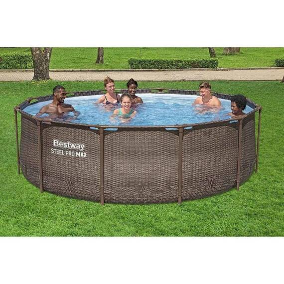 Piscina Supraterana cu Cadru Metalic Bestway, Rotunda, 366x100 cm, 9150 l, Pompa Filtrare 2006 l/h 29 W, Scara Inclusa, Design Ratan, Maro - 3- Roveli