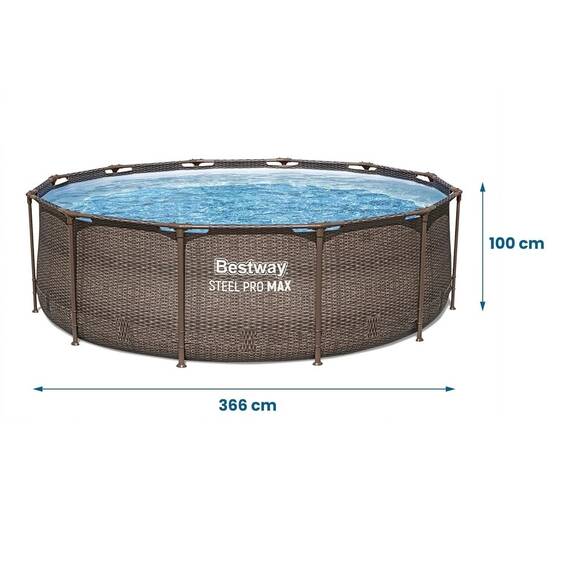 Piscina Supraterana cu Cadru Metalic Bestway, Rotunda, 366x100 cm, 9150 l, Pompa Filtrare 2006 l/h 29 W, Scara Inclusa, Design Ratan, Maro - 6- Roveli