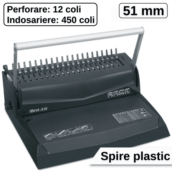 Aparat de indosariat cu inele plastic, capacitate perforare 12 coli, iBind A12 - - Roveli