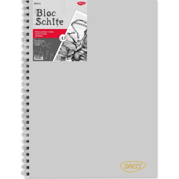 Bloc desen si schite A3 cu spirala, 120g/mp, 80 file, DACO - - Roveli