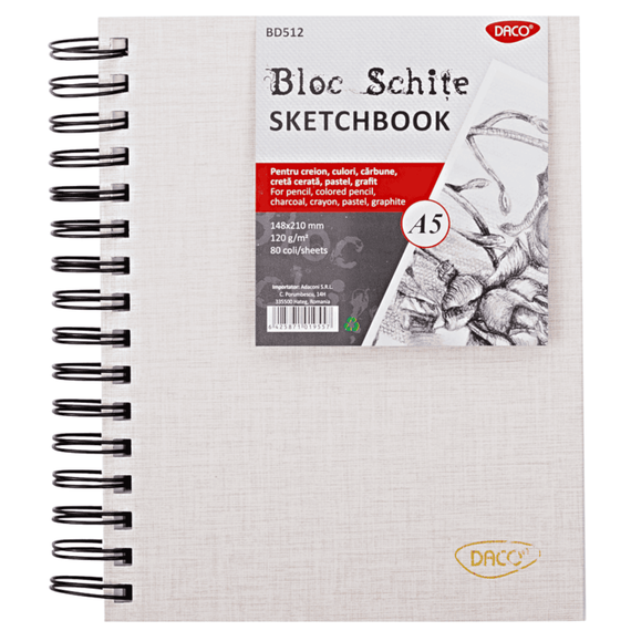 Bloc desen si schite A5 cu spirala, 120g/mp, 80 file, DACO - - Roveli
