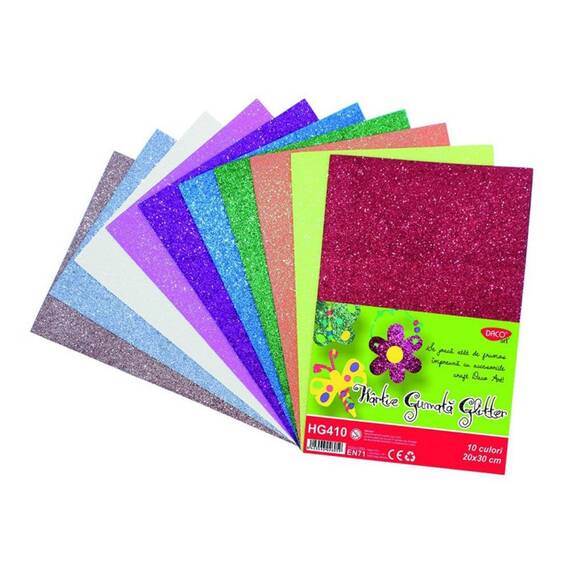 Hartie Gumata Glitter DACO 10 coli, 10 culori/set, 20x30cm - 2- Roveli