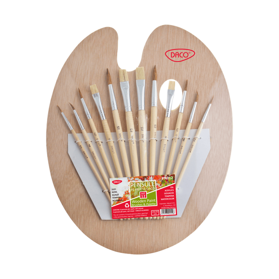 Pensule varfuri mixte din par de capra si porc, paleta de lemn, 12 buc/set, DACO - - Roveli