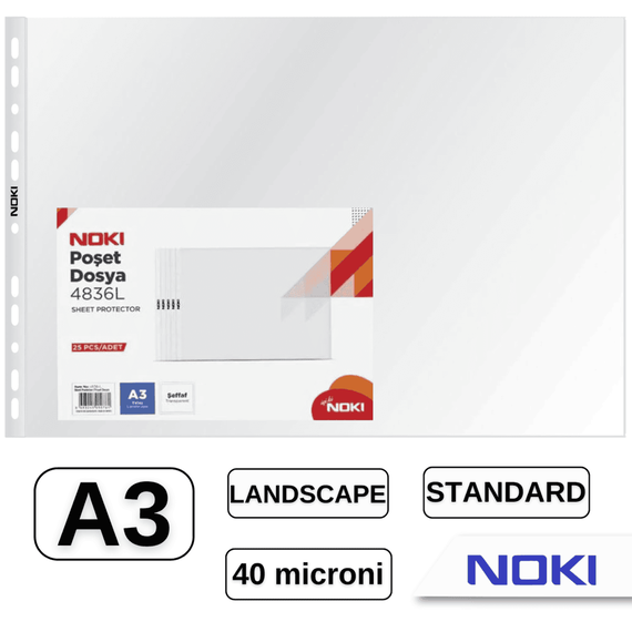 File protectie transparente, 40 microni, 25 buc/set, A3 landscape, NOKI - - Roveli