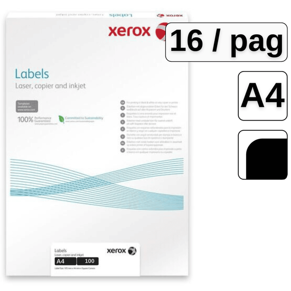 Etichete autocolante albe, colturi rotunde, 16 buc/A4, 100 coli/top, XEROX - - Roveli