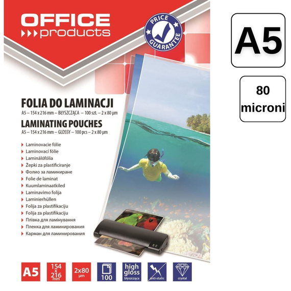 Folie laminare A5, 80 microni, 100 buc/top, OFFICE PRODUCTS - - Roveli
