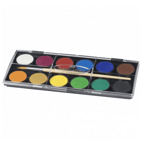 Acuarele pe baza de apa, 12 culori/set, FABER CASTELL, pastila 30 mm si pensula - - Roveli