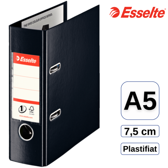 Biblioraft plastifiat A5, 7.5 cm, ESSELTE, Culoare (230): Negru - - Roveli