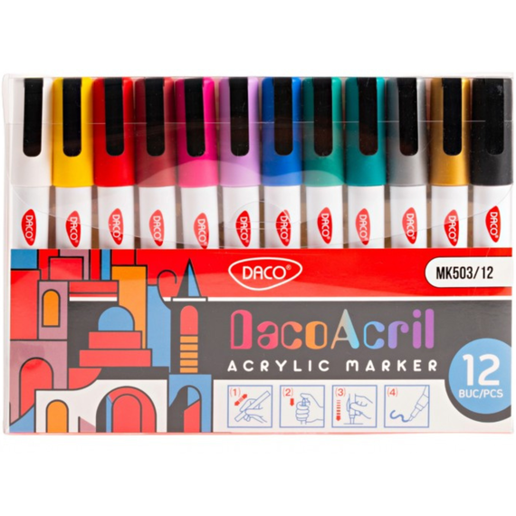 Marker cu vopsea acrilica DACO, 12 culori/set - - Roveli