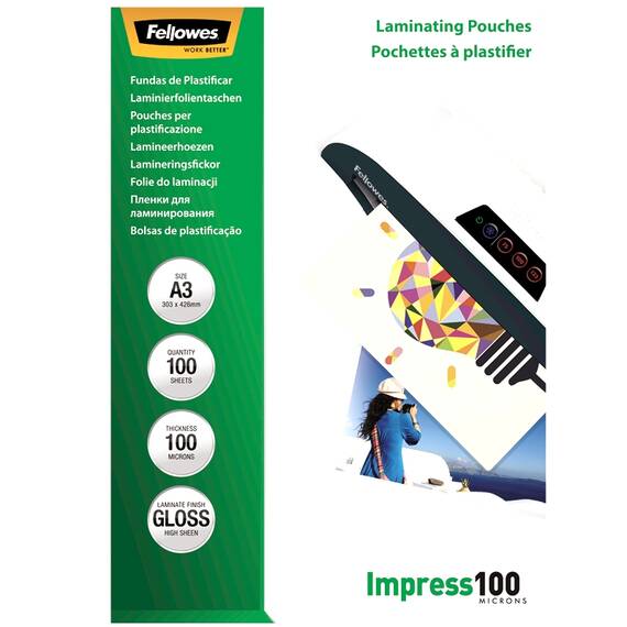 Folie laminare A3, 100 microni, 100 buc/top, FELLOWES - - Roveli