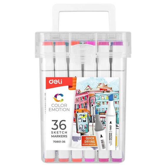 Set sketch marker cu 2 capete, uscare rapida, 36 culori/set, DELI Color Emotion - 2- Roveli