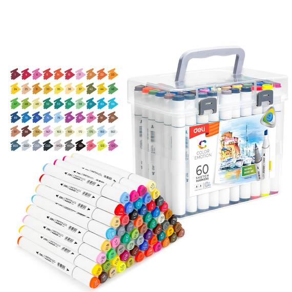 Set sketch marker cu 2 capete, 60 culori/set, DELI Color Emotion - - Roveli