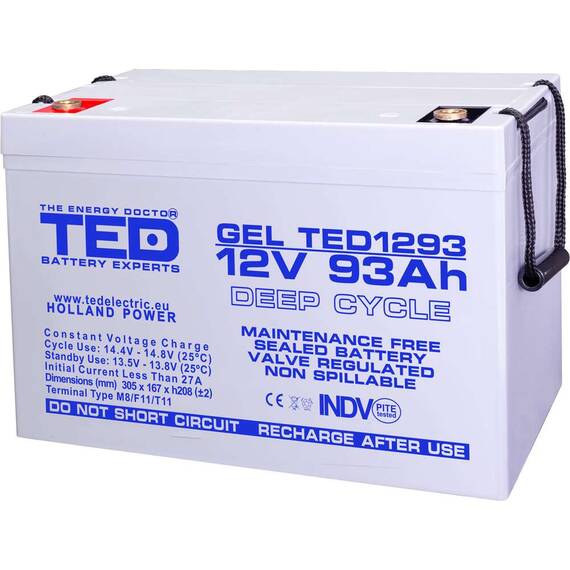 Acumulator AGM VRLA 12V GEL Deep Cycle, 93 Ah, dimensiuni 305 x 167 x 208 F12 M8, TED Electric - - Roveli