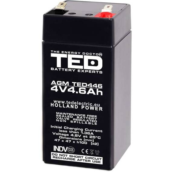 Acumulator AGM VRLA 4V, 4.6 Ah, dimensiuni 47 x 47 x 100 F1, TED Electric - - Roveli