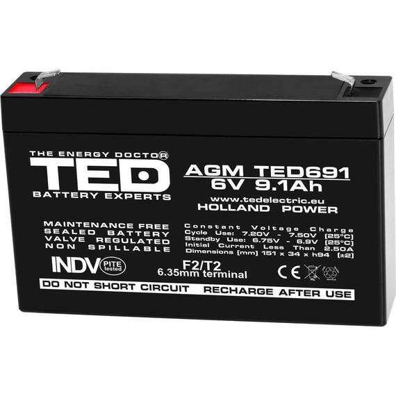 Acumulator AGM VRLA 6V, 9.1 Ah, dimensiuni 151 x 34 x 94 F2, TED Electric - - Roveli