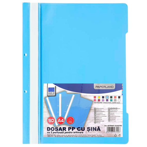 Dosar plastic cu sina si gauri PAPERLAND, 50 buc/set, Culoare (230): Aqua - 2- Roveli