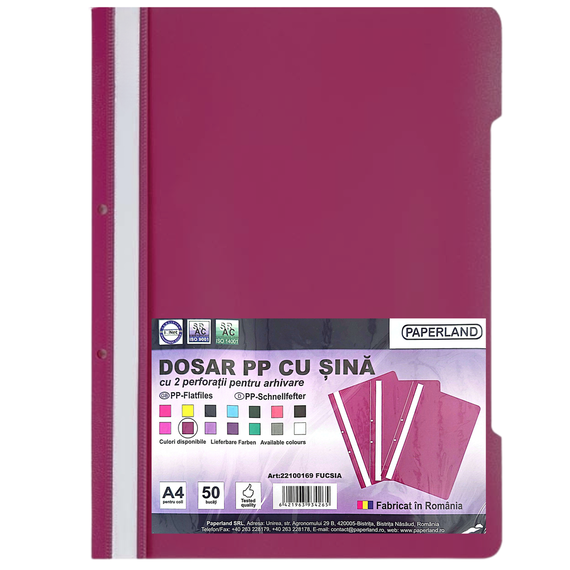 Dosar plastic cu sina si gauri PAPERLAND, 50 buc/set, Culoare (230): Fucsia - 2- Roveli