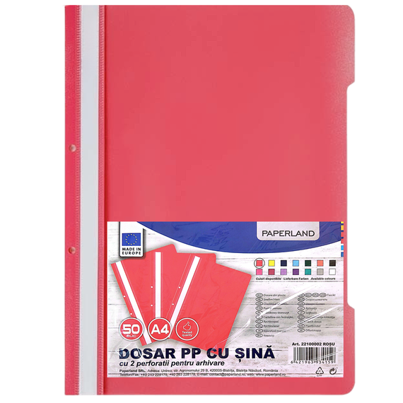 Dosar plastic cu sina si gauri PAPERLAND, 50 buc/set, Culoare (230): Rosu - 2- Roveli