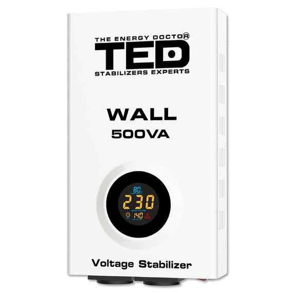 Stabilizator de tensiune cu prindere de perete, monofazat, 300W, 230V, 2 prize si ecran LCD, sinusoidala pura, TED Electric - - Roveli