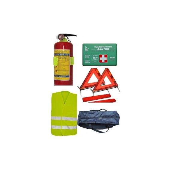 Kit auto complet  Trusa tip Borseta , 2x Triunghiuri, Stingator, Vesta, Geanta - - Roveli