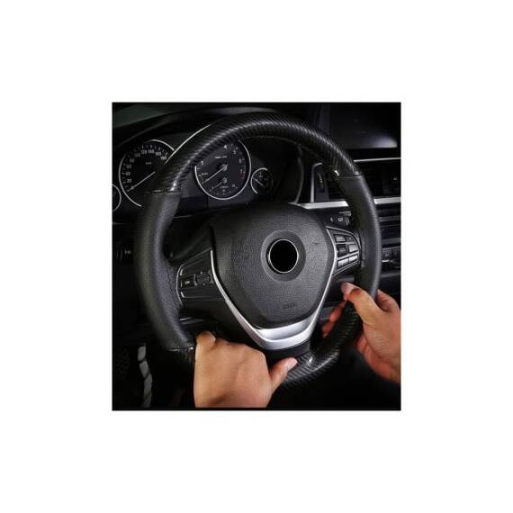 Husa volan cu ac si ata piele cu gaurele marime M negru carbon cusatura gri Premium Cod: LUXFST02 - 2- Roveli