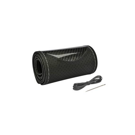 Husa volan cu ac si ata piele cu gaurele marime M negru carbon cusatura gri Premium Cod: LUXFST02 - - Roveli