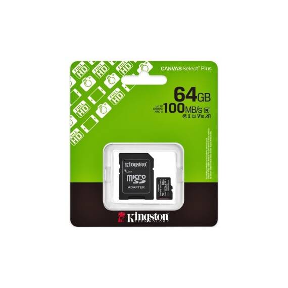 Card memorie microSD 64GB Kingston Canvas Select Plus 100MB/s cu adaptor SD Cod: SDCS2/64GB - - Roveli