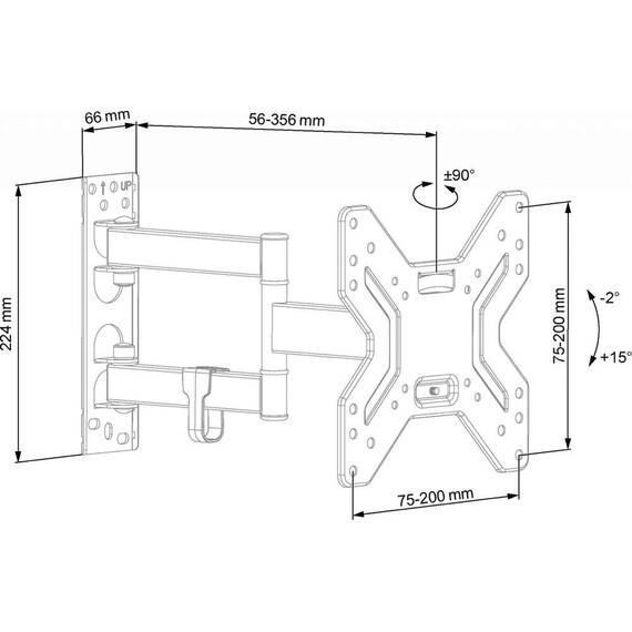 Suport TV de perete ECG LD 174201, 17"- 42" (43 - 106 cm), rotire 90° si inclinare 2°-15°, 25 kg, VESA - 5- Roveli