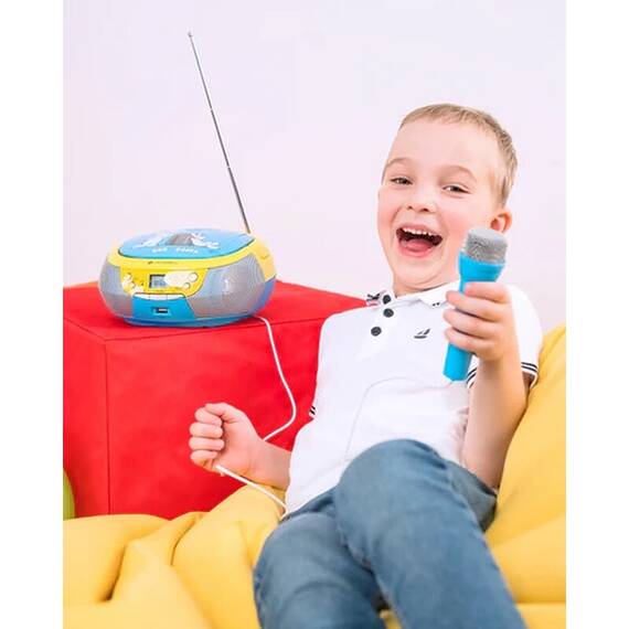 Radio CD pentru copii GoGEN BOB AND BOBEK, 2 x 0,8 W, Bluetooth, karaoke, microfon, MP 3, USB, AUX in, albastru - 7- Roveli