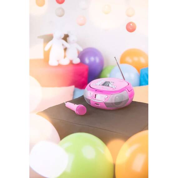 Radio CD pentru copii GoGEN BOB AND BOBEK, 2 x 0,8 W, Bluetooth, karaoke, microfon, MP 3, USB, AUX in, roz - 9- Roveli