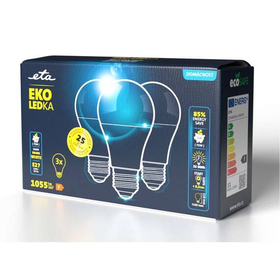 Set 3 becuri economice LED ETA EKO Classic, 11W (75W), E27, lumina calda - 4- Roveli