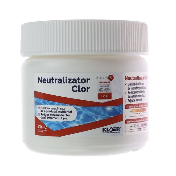 Reducator clor piscina Kloer, neutralizator clor solid pe baza de tiosulfat de sodiu, elimina excesul de clor dupa supradozaj sau tratament soc, actiune instanta, dozare 3 g la 1 m3, 500 g - - Roveli
