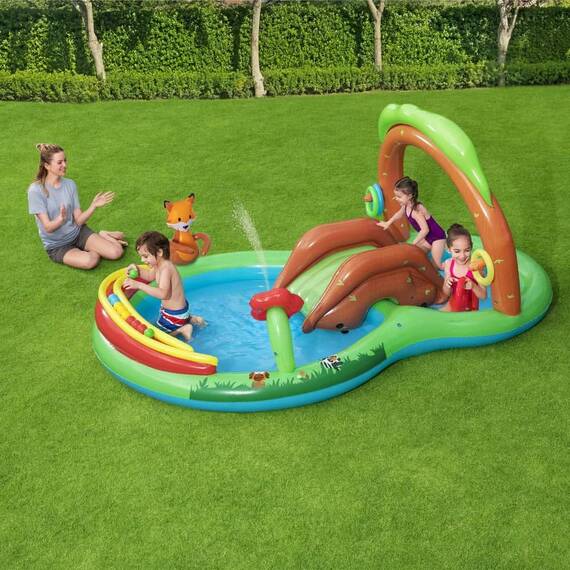 Centru de joaca copii Bestway, gonflabila, confectionat din PVC, cu tobogan, mingi, 295 x 199 x 130 cm - - Roveli