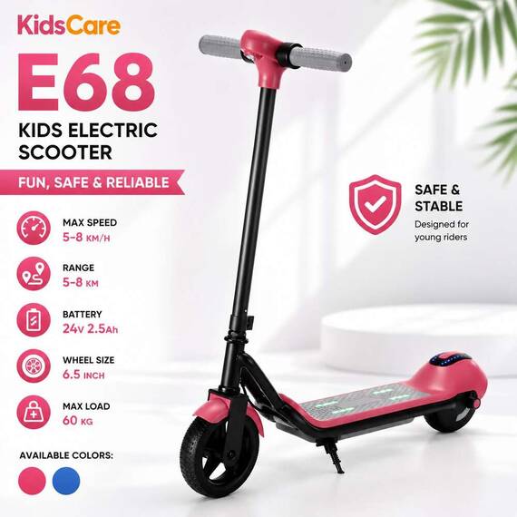 Trotineta electrica copii KidsCare E68, motor 110W, baterie 24V 2.5Ah, viteza 5-8 km/h, Bluetooth, lumini, roz - - Roveli