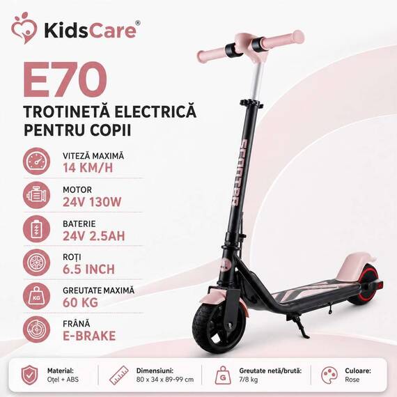 Trotineta electrica copii KidsCare E70, motor 130W, baterie 24V 2.5Ah, viteza 14 km/h, lumini, roz - - Roveli