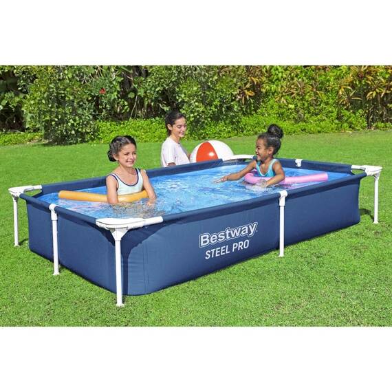 Piscina cu cadru metalic Bestway Steel Pro, supraterana, dreptunghiulara, 1200 l, 221 x 150 x 43 cm, structura Tritech 3 straturi PVC cu plasa de poliester, cadru din otel anticoroziv, valva de golire, fara pompa de filtrare, albastru - 7- Roveli