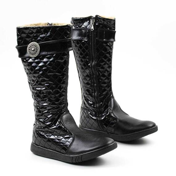 Cizme inalte , imblanite , pentru copii , decorate cu brosa argintie  3131-NEGRU/3, Marime (12): 35 - 2- Roveli
