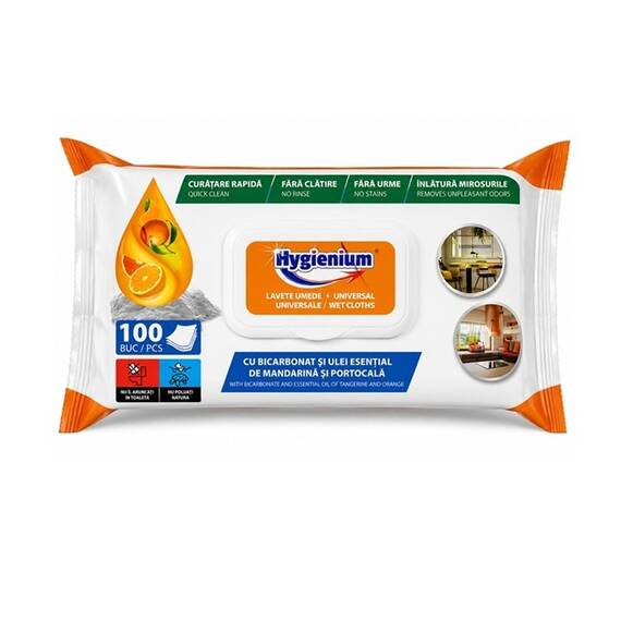 Lavete umede universale Hygienium cu bicarbonat si ulei esetial de Mandarina & Portocala, 100 buc - - Roveli