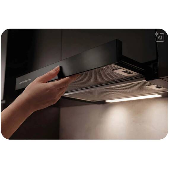 Hota telescopica incorporabila bucatarie 60 cm Berdsen, sub mobilier, extractibila, 320 m3/h, 2 trepte, iluminare LED, evacuare si recirculare, 2 filtre aluminiu lavabile, panou mecanic, clasa C, 62 dB, 65 W, otel inoxidabil, 59.6 x 28 x 20 cm, Negru - 7- Roveli