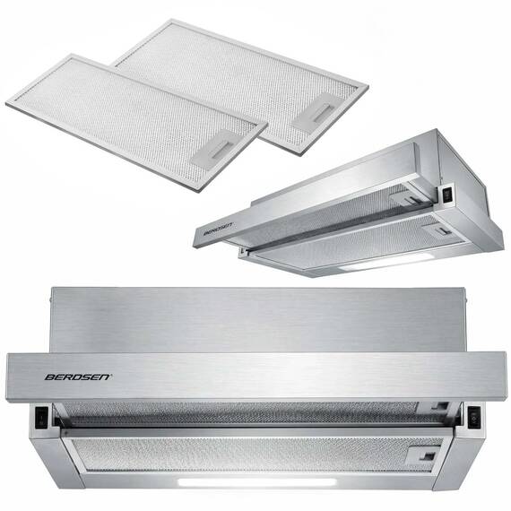 Hota telescopica incorporabila bucatarie 50 cm Berdsen, sub mobilier, extractibila, 320 m3/h, 2 trepte, iluminare LED, evacuare si recirculare, 2 filtre aluminiu lavabile, panou mecanic, clasa C, 62 dB, 65 W, otel inoxidabil, 49.5 x 28 x 20 cm, Inox - 2- Roveli