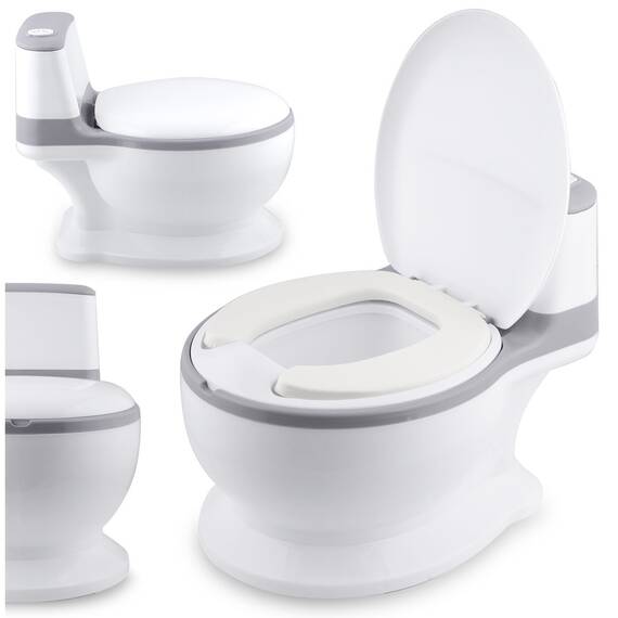 Olita interactiva Ricokids pentru copii, forma de toaleta, sunet de tras apa, sezut moale detasabil, vas interior detasabil 1.98 l, compartiment servetele umede, baza antialunecare, maner, perie inclusa, 1 - 6 ani, max 40 kg, Alb Gri - 2- Roveli