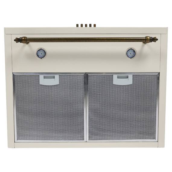 Hota decorativa bucatarie Studio Casa, 405 mc/h, latime 60 cm, 1 motor 117 W, 3 trepte de viteza, evacuare aer, 2 filtre aluminiu lavabile, 2 becuri LED, butoane push, corp metal, design rustic, bara decorativa bronz, Bej - 5- Roveli