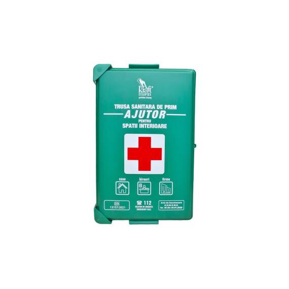 Trusa sanitara prim ajutor Kraftmann DIN 13157:2021 avizata A.N.M.D.M.R. pentru spatii interioare cu suport montare - 4- Roveli
